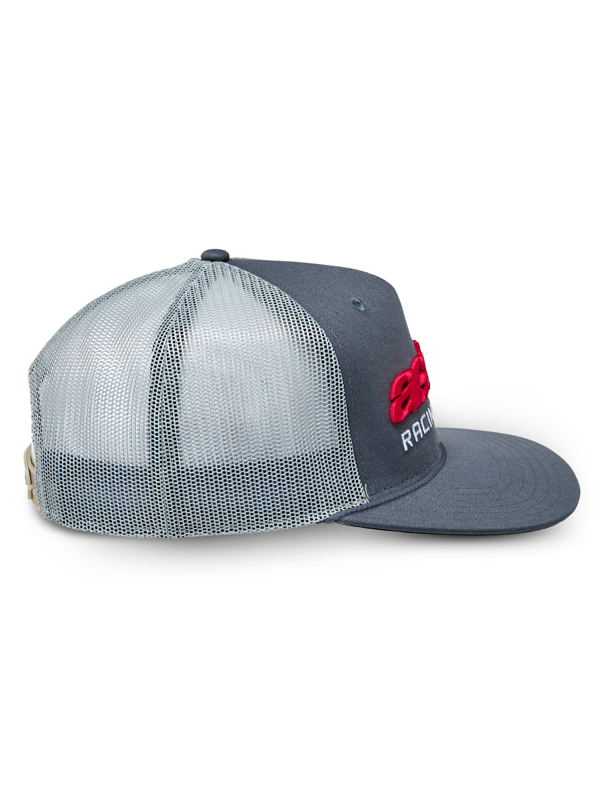 Alpinestars Notice Trucker Hat, Charcoal and Light Gray, side profile view, featuring red 3D Astars logo and white Racing embroidery, flat bill, mesh back, casual motorsport-inspired headwear