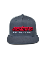 Alpinestars Notice Trucker Hat, Charcoal Gray, Red 3D embroidered Astars logo and white 'RACING AHEAD' lettering, flat bill with braided rope detail, gray mesh back, casual motorsport-inspired headwear