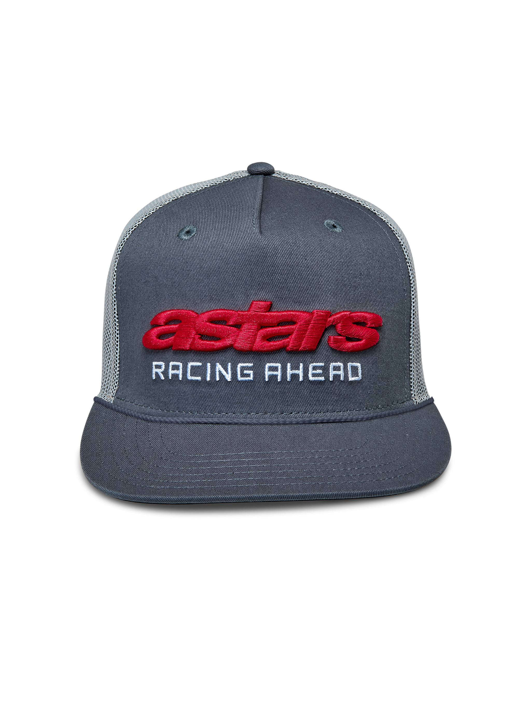Alpinestars Notice Trucker Hat, Charcoal Gray, Red 3D embroidered Astars logo and white 'RACING AHEAD' lettering, flat bill with braided rope detail, gray mesh back, casual motorsport-inspired headwear