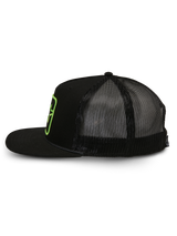 Alpinestars Control Trucker Hat, Trucker Hat, Black, side profile view showing poly mesh back and twill front, flat bill with braided rope detail, green embroidered logo patch, casual motorsport-inspired streetwear