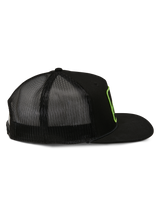 Alpinestars Control Trucker Hat, Trucker Hat, Black, Side View with Mesh Back and Flat Bill, Lime Green Embroidered Logo Outline, Casual Motorsport Streetwear