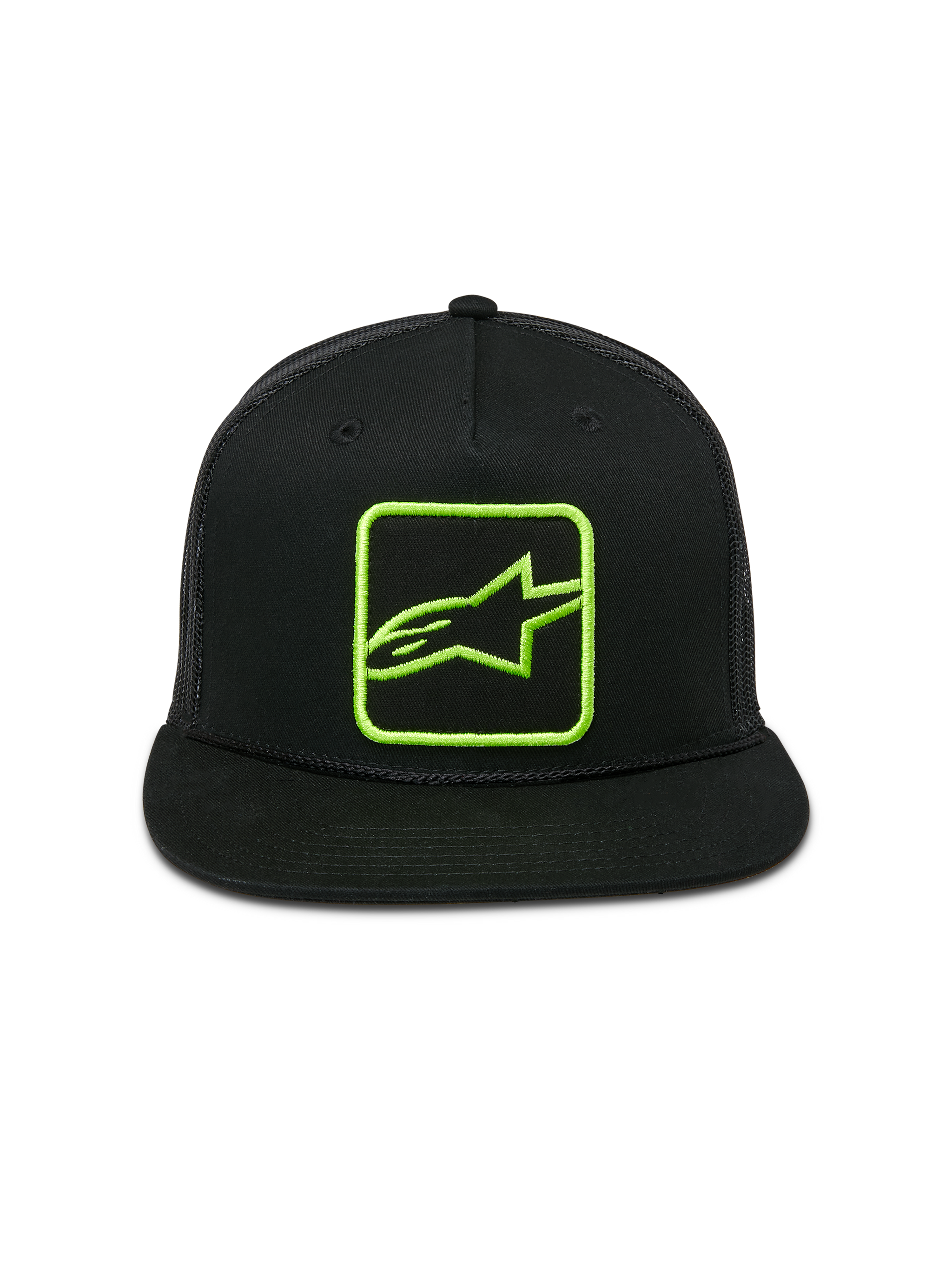 Alpinestars Control Trucker Hat, Black with Lime Green Embroidered Logo, Flat Bill with Braided Rope, Mesh Back Snapback, Casual Motorsport Streetwear
