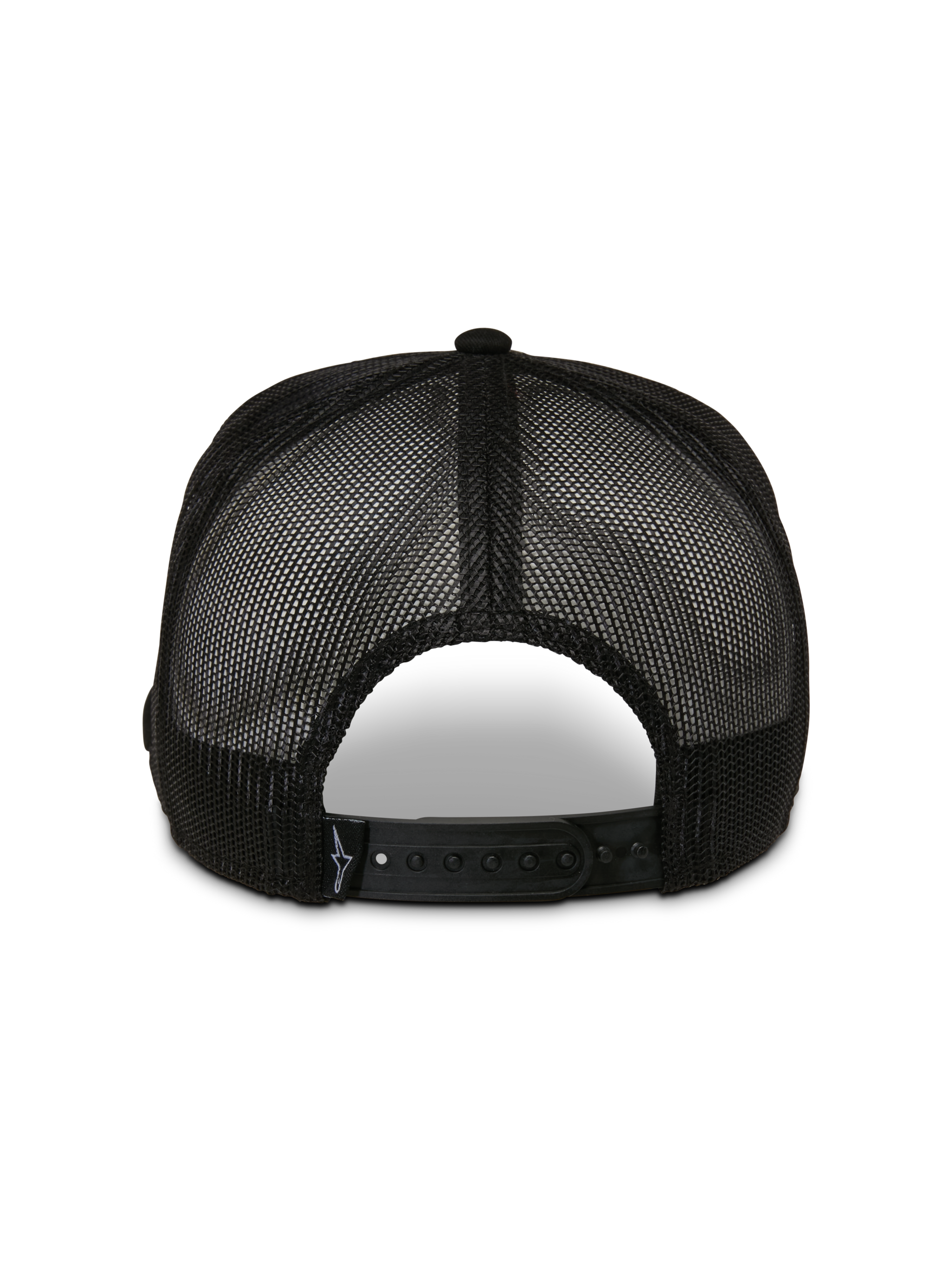Alpinestars Control Trucker Hat, Back View, Black, featuring breathable mesh panels and an adjustable snapback closure, casual motorsport headwear