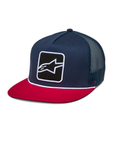Alpinestars Control Trucker Hat, Navy Blue and Red, flat bill snapback cap with navy mesh back, featuring a front Astars logo embroidered patch and white braided rope detail, casual motorsport-inspired headwear