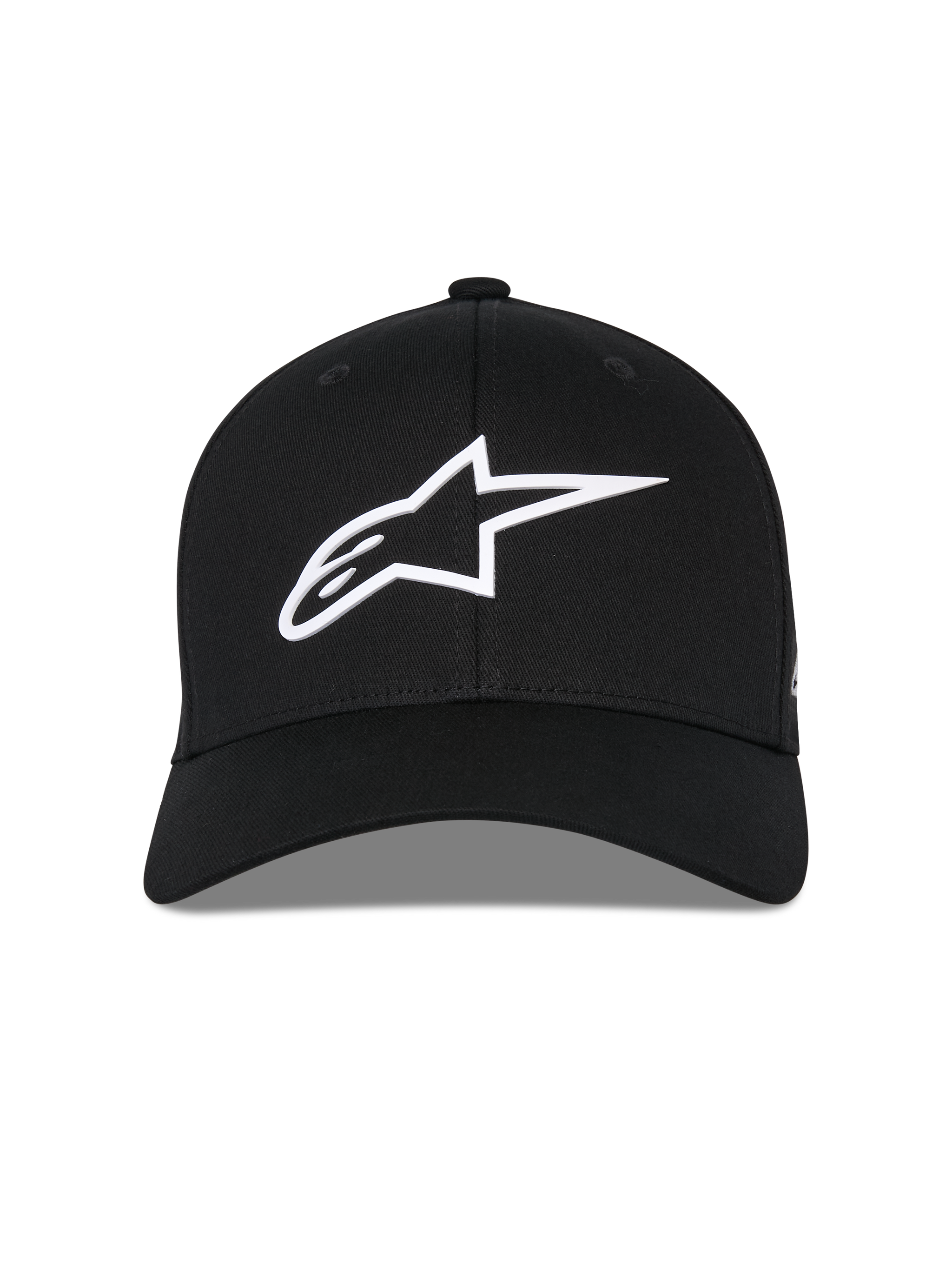 Alpinestars Ageless Multi Hat, Black Baseball Cap, Front View, White 3D Astars Logo, Curved Bill, Structured Crown, Casual Sportswear