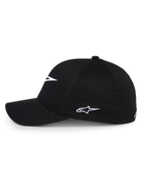 Alpinestars Ageless Multi Hat, Black baseball cap, side profile view with white embroidered Astars logo, curved bill and structured crown, casual sportswear
