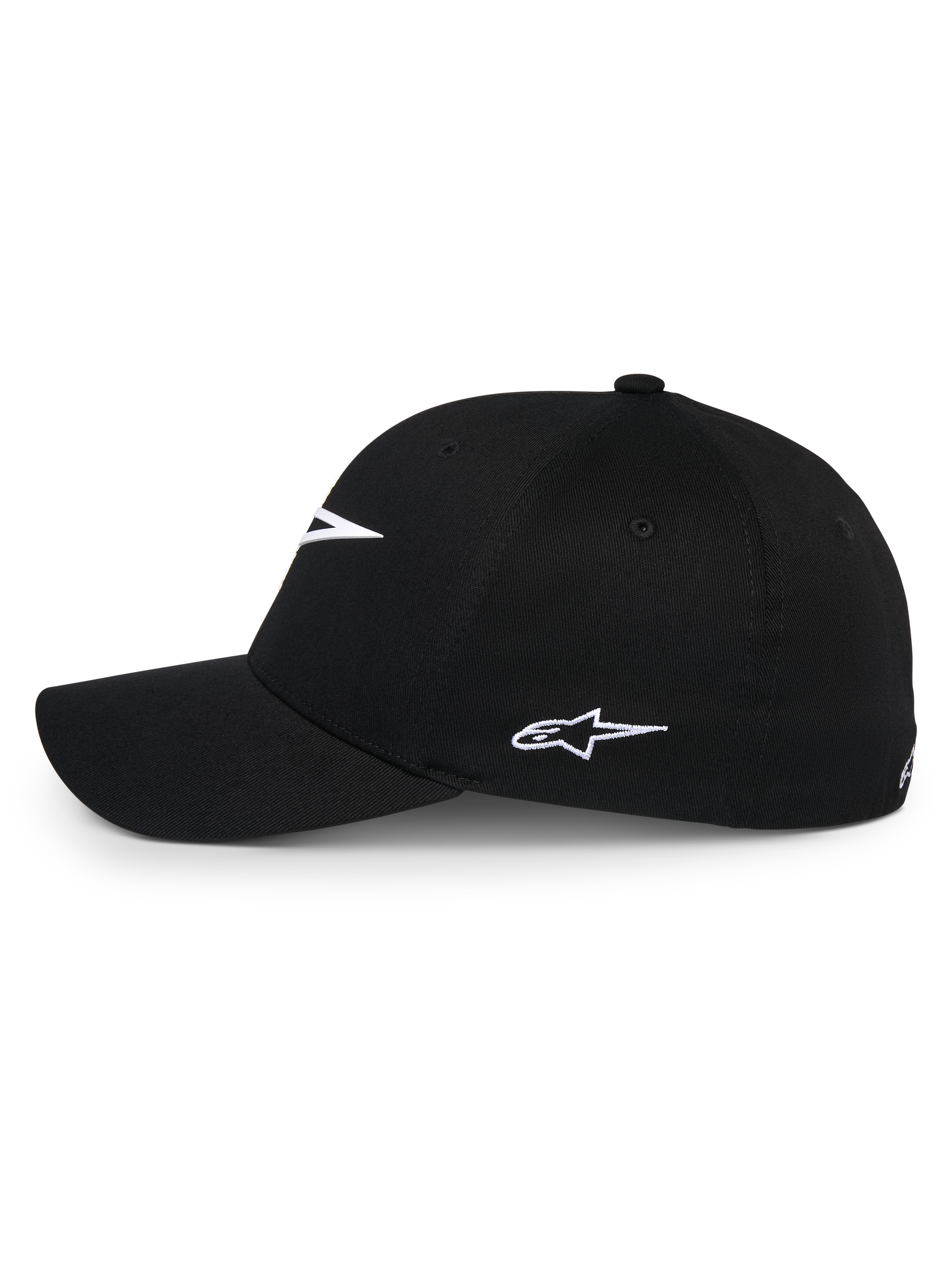 Alpinestars Ageless Multi Hat, Black baseball cap, side profile view with white embroidered Astars logo, curved bill and structured crown, casual sportswear