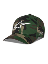 Alpinestars Ageless Multi Hat, Green Camo Baseball Cap, features white 3D Astars logo on front and side embroidery, curved bill, structured crown, casual motorsport-inspired streetwear