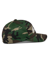 Alpinestars Ageless Multi Hat, Green Camo, side profile view, curved bill with structured crown, stretch twill fabric, white 3D print Astars logo on front and flat embroidery on the back, casual sportswear
