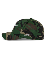 Alpinestars Ageless Multi Hat, Green Camo baseball cap, curved bill with structured crown, white Astars logo on front and side, casual motorsport streetwear