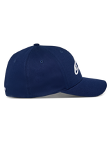 Alpinestars Ageless Multi Hat, Navy Blue, side profile view of curved bill baseball cap, structured crown, stretch twill fabric, casual motorsport-inspired headwear