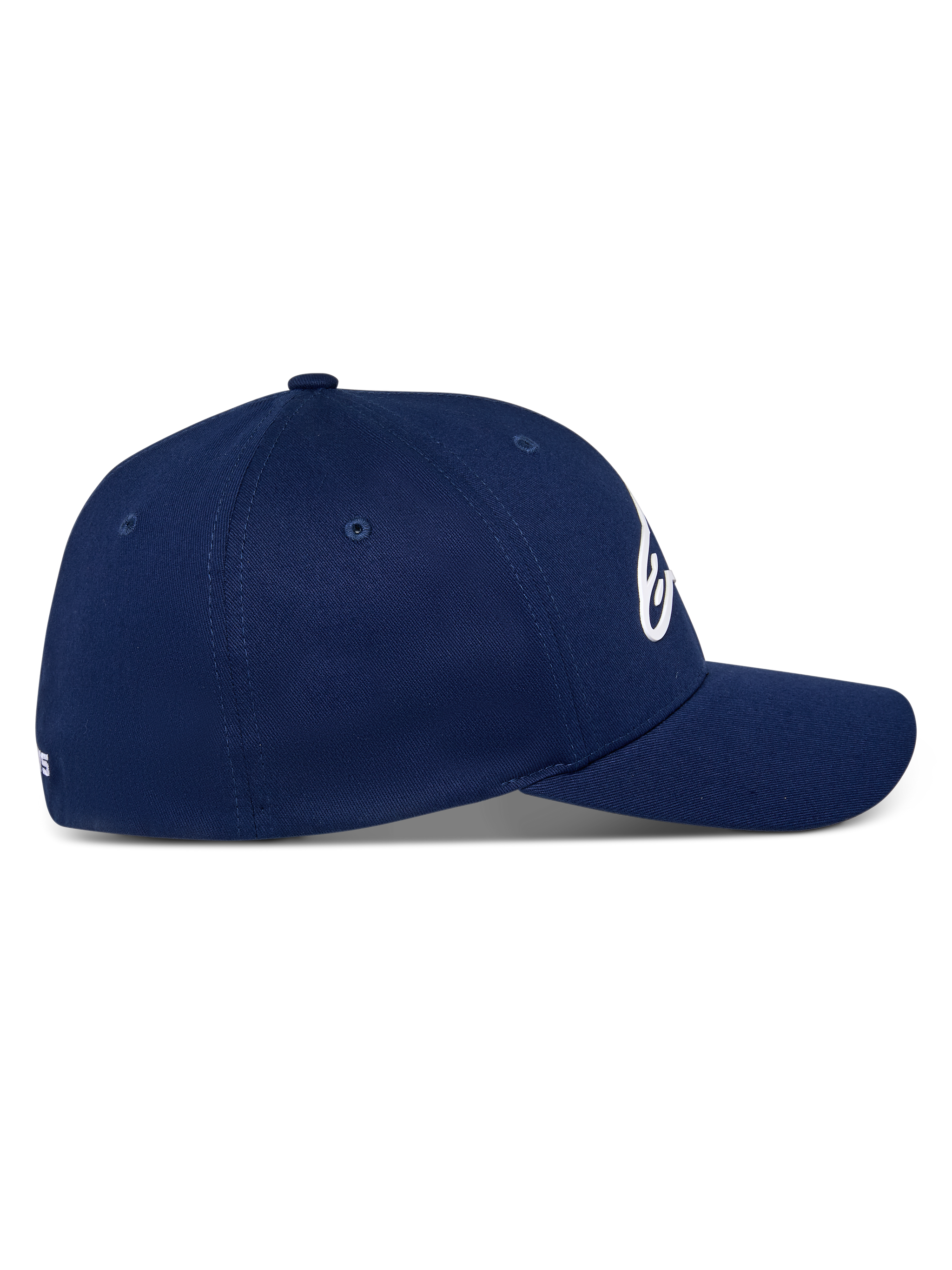 Alpinestars Ageless Multi Hat, Navy Blue, side profile view of curved bill baseball cap, structured crown, stretch twill fabric, casual motorsport-inspired headwear