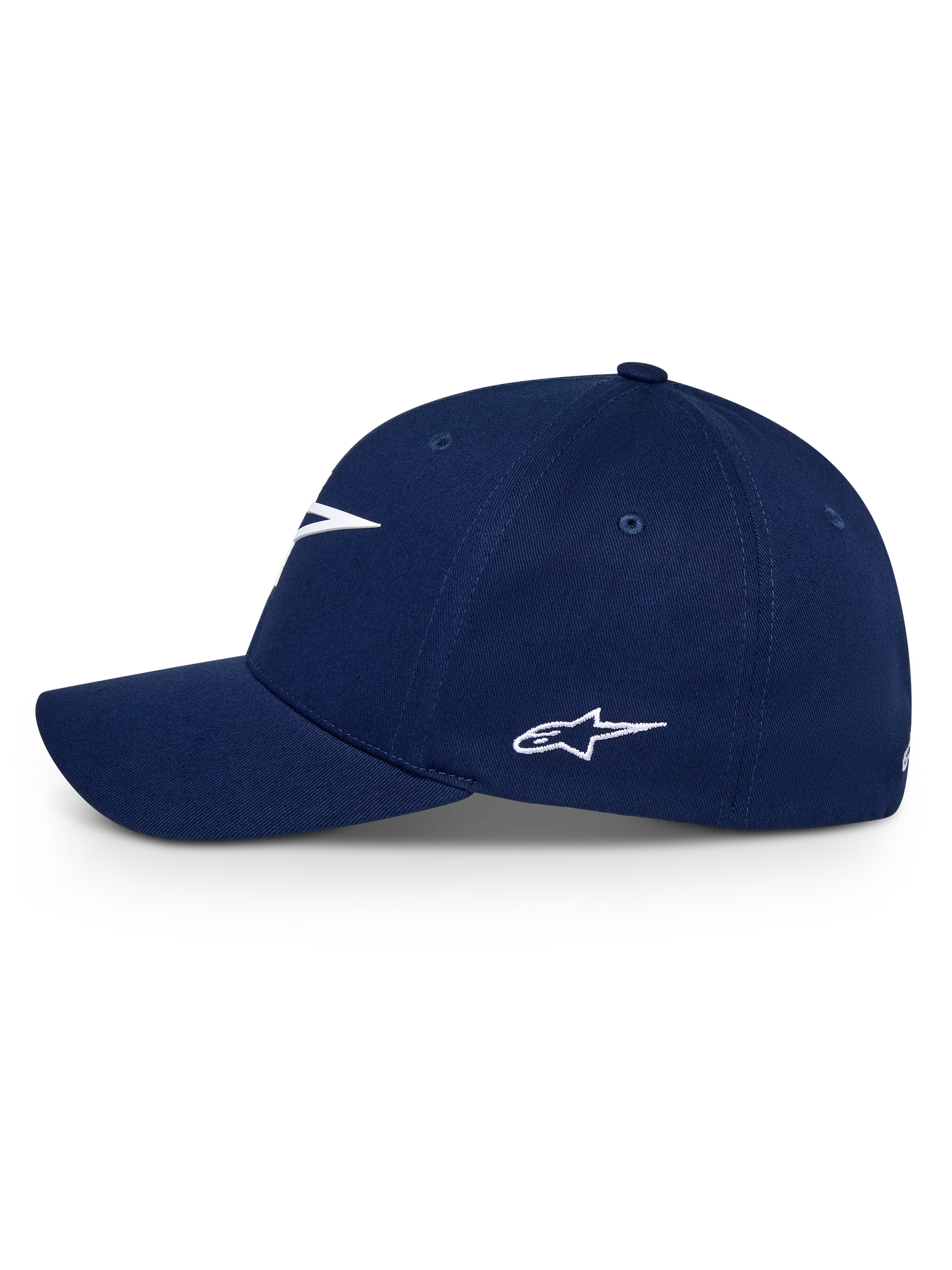 Alpinestars Ageless Multi Hat, Navy Blue, side profile view of a curved bill baseball cap with white embroidered Astars logo, casual sportswear headwear