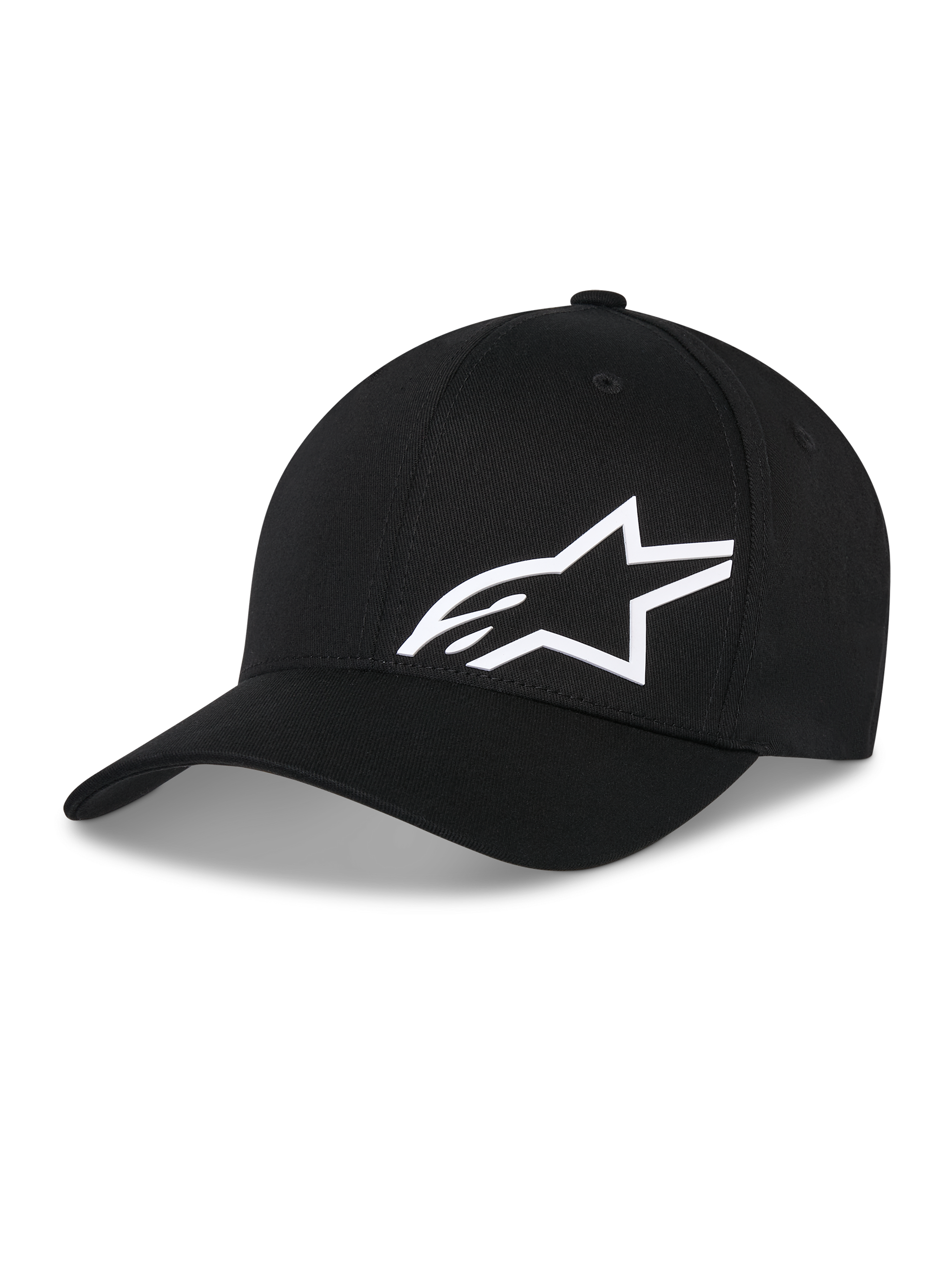 Alpinestars Corp Shift Multi Hat, black baseball cap with white 3D Astars logo, curved brim, structured crown, casual motorsport-inspired headwear