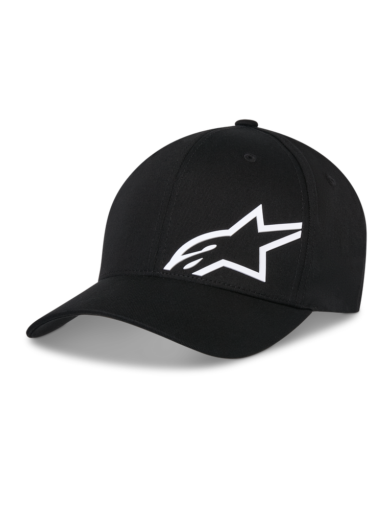 Alpinestars Corp Shift Multi Hat, black baseball cap with white 3D Astars logo, curved brim, structured crown, casual motorsport-inspired headwear