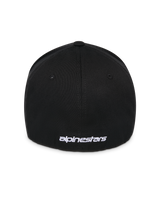 Alpinestars Corp Shift Multi Hat, Black, Rear view featuring white flat embroidered logo at the base, flex back stretch-fit construction, casual motorsport-inspired headwear