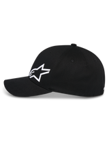 Alpinestars Corp Shift Multi Hat, Black Baseball Cap, side profile view, white 3D Astars logo on the front, curved bill, structured crown, casual motorsport-inspired streetwear