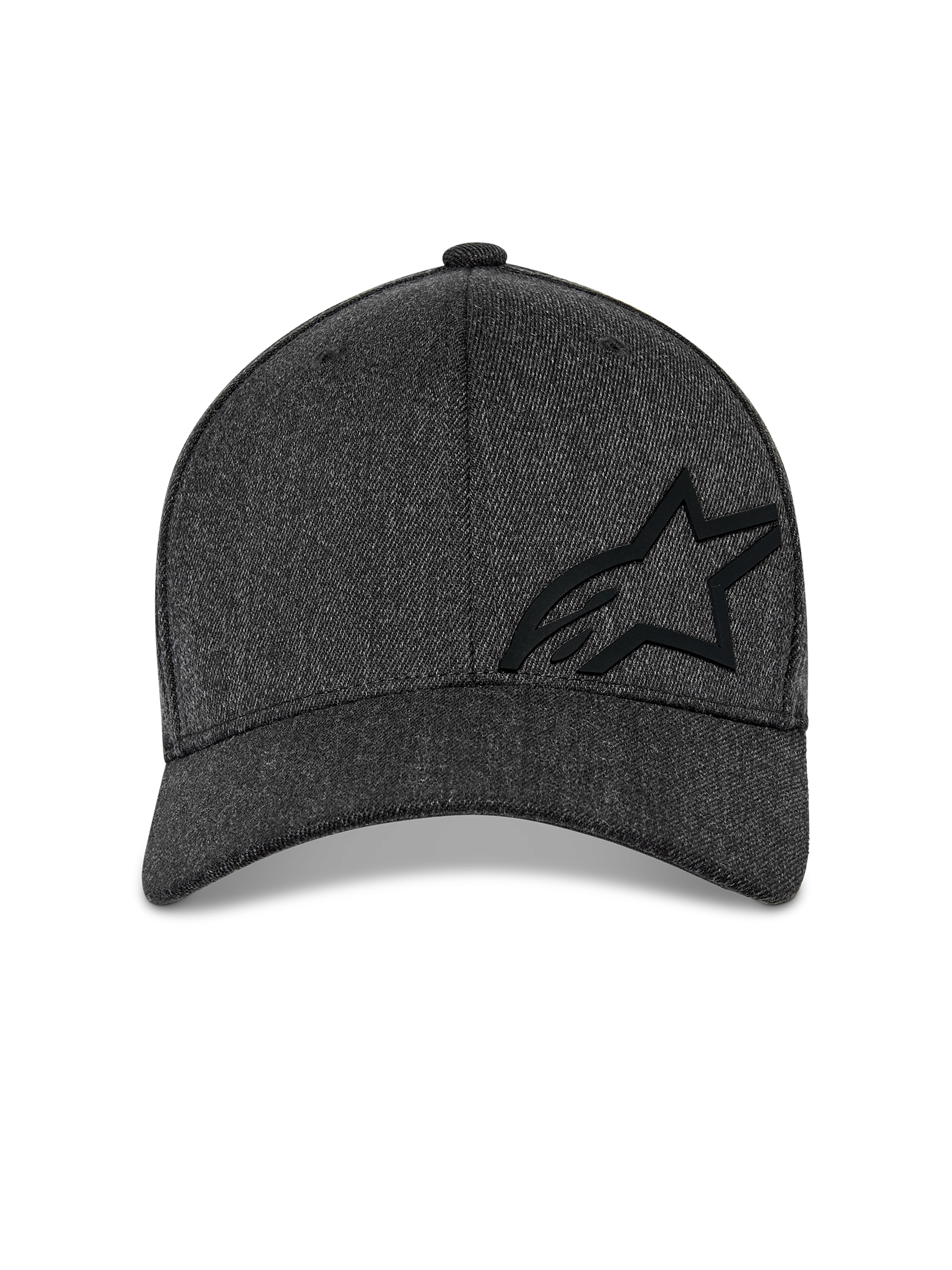 Alpinestars Corp Shift Multi Hat, Baseball Cap, Dark Grey Heather, front view featuring a structured crown with a black 3D Astars logo and curved bill, casual motorsport streetwear