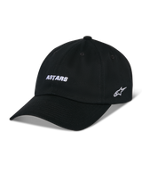 Alpinestars Deduce Strapback Hat, Black Baseball Cap with Curved Bill, White ASTARS Front Embroidery and Side Star Logo, Unstructured Low Crown, Cotton Twill Fabric