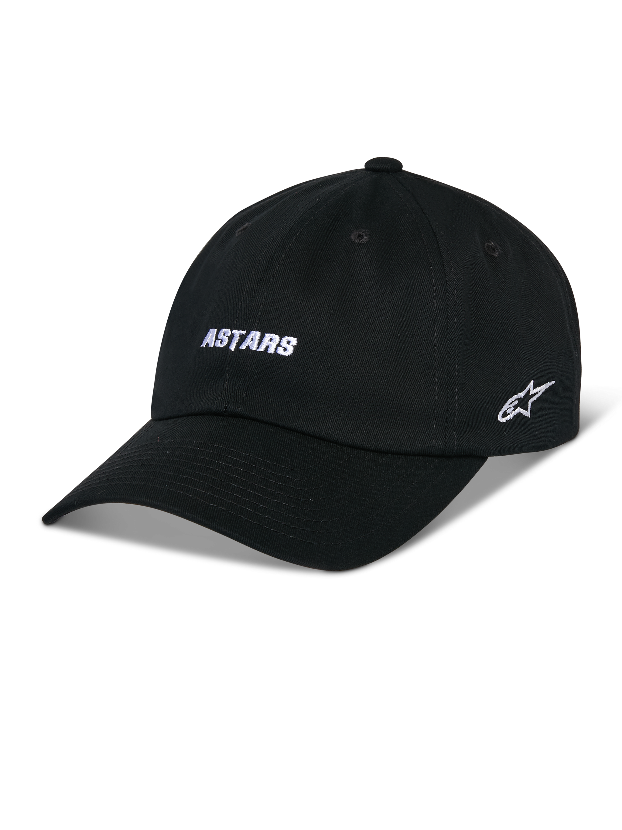 Alpinestars Deduce Strapback Hat, Black Baseball Cap with Curved Bill, White ASTARS Front Embroidery and Side Star Logo, Unstructured Low Crown, Cotton Twill Fabric