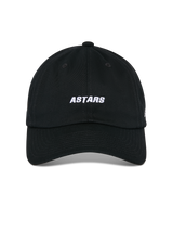 Alpinestars Deduce Strapback Hat, Black, front view showing white ASTARS embroidery, curved bill, unstructured low crown, casual motorsport headwear