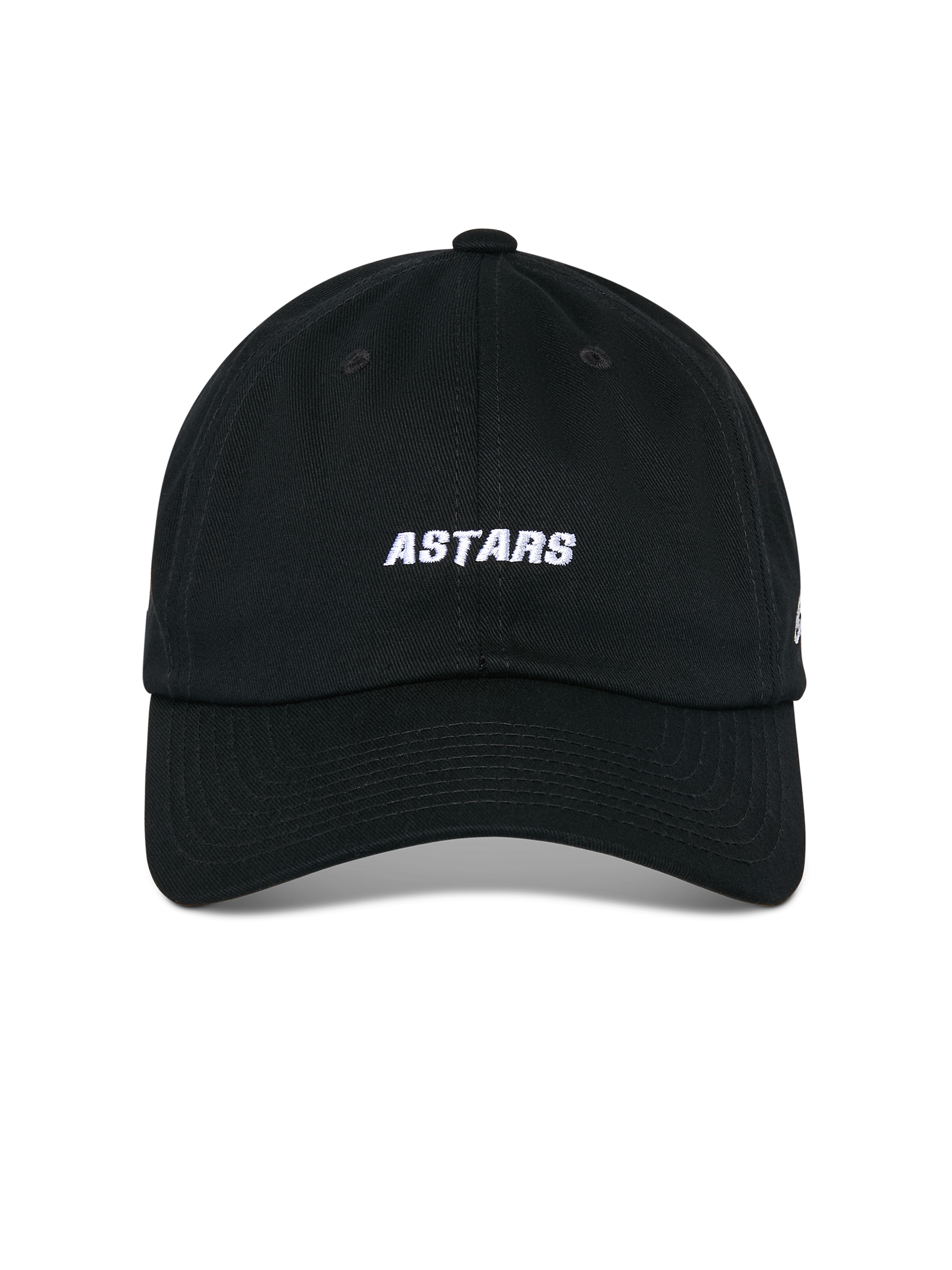 Alpinestars Deduce Strapback Hat, Black, front view showing white ASTARS embroidery, curved bill, unstructured low crown, casual motorsport headwear