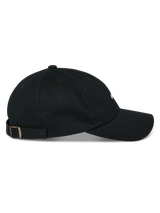 Alpinestars Deduce Strapback Hat, Black, side profile view, curved bill with unstructured low crown, cotton twill fabric, adjustable strapback closure with metal buckle, casual motorsport-inspired headwear