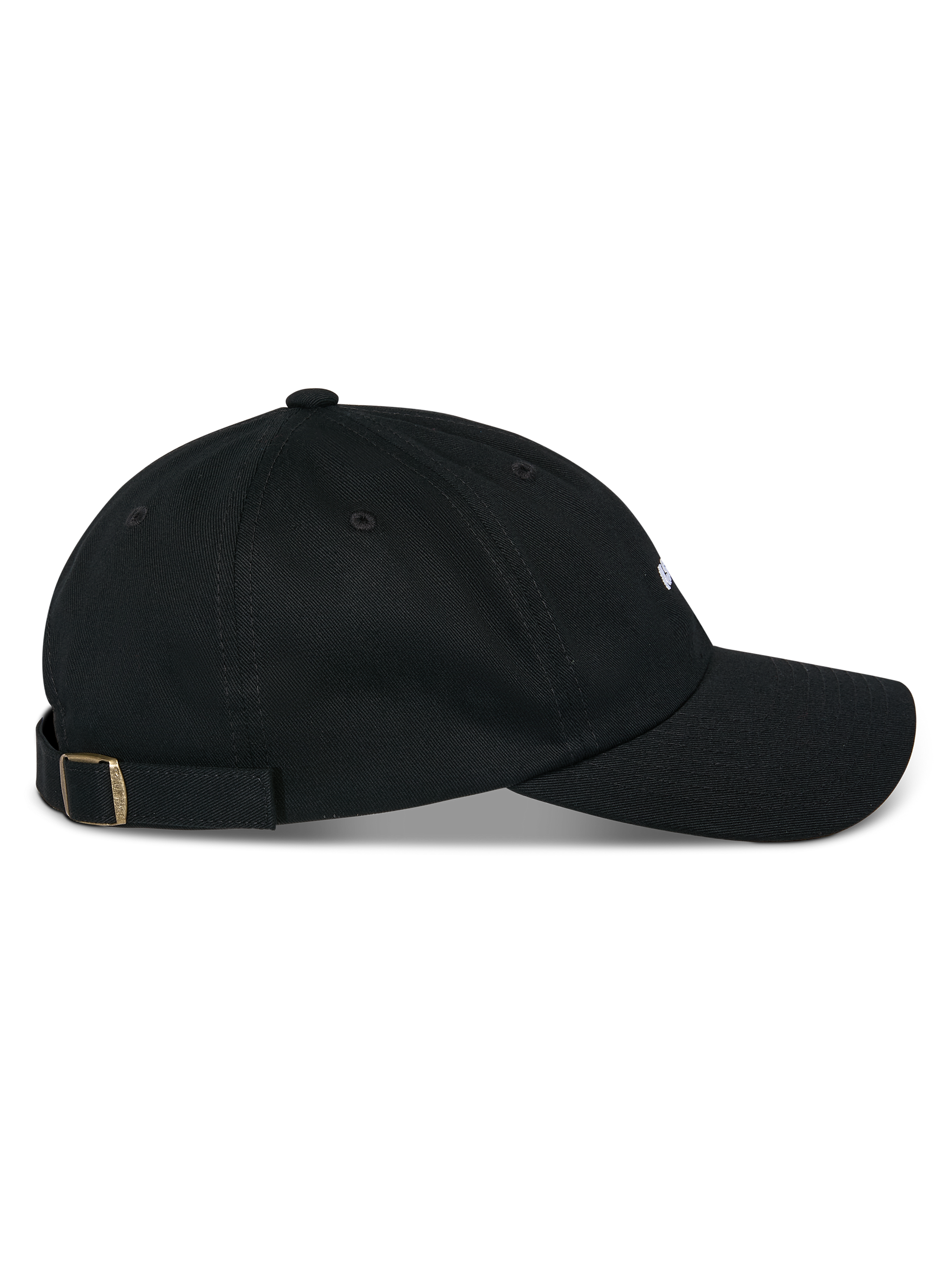Alpinestars Deduce Strapback Hat, Black, side profile view, curved bill with unstructured low crown, cotton twill fabric, adjustable strapback closure with metal buckle, casual motorsport-inspired headwear