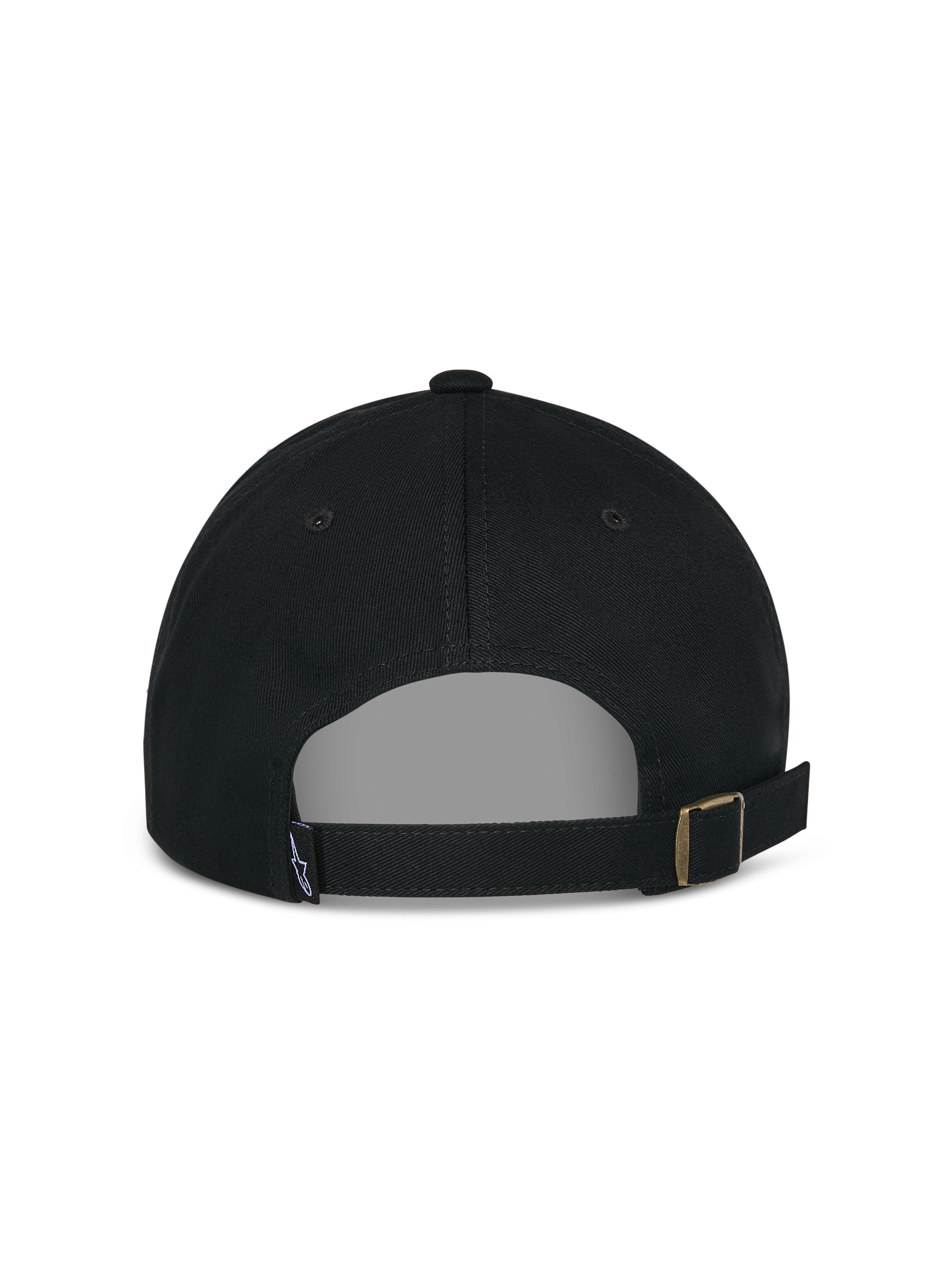 Alpinestars Deduce Strapback Hat, Black, Rear view featuring adjustable strap closure with metal buckle and small logo label, casual cotton twill cap