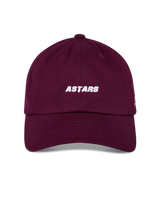 Alpinestars Deduce Strapback Hat, Burgundy, front white ASTARS embroidery, curved bill with unstructured low crown, casual sportswear headwear