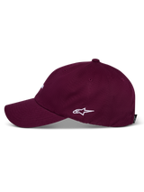 Alpinestars Deduce Strapback Hat, Burgundy, side profile view with white embroidered Astars logo, curved bill, unstructured low crown, casual cotton twill headwear