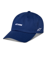 Alpinestars Deduce Strapback Hat, Blue baseball cap, white embroidered ASTARS wordmark and side star logo, curved brim, casual motorsport streetwear