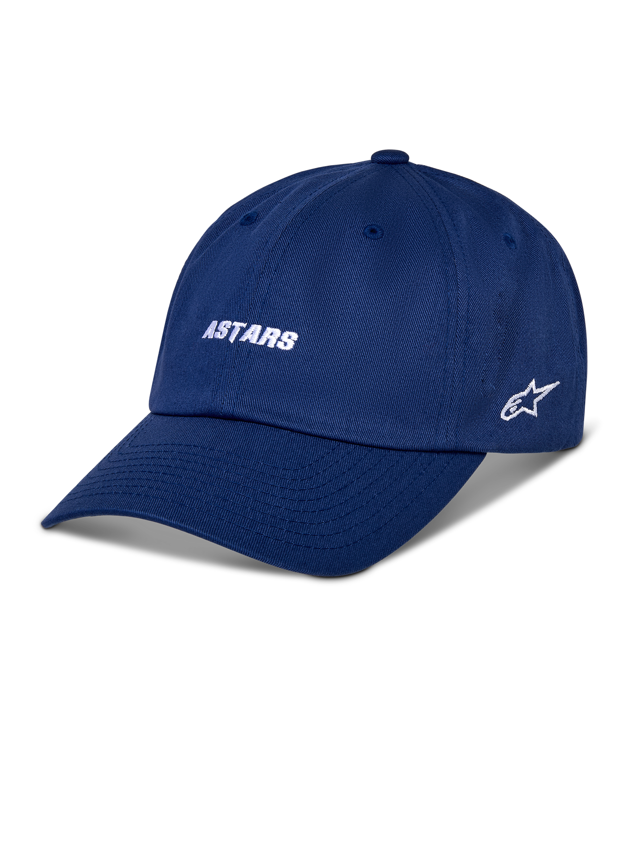Alpinestars Deduce Strapback Hat, Blue baseball cap, white embroidered ASTARS wordmark and side star logo, curved brim, casual motorsport streetwear