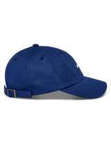 Alpinestars Deduce Strapback Hat, Blue, side profile view, curved bill, adjustable strapback closure with brass buckle, cotton twill construction, casual headwear with white embroidered branding