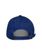 Alpinestars Deduce Strapback Hat, Blue, rear view showing adjustable strapback closure with metal buckle, small black Astars logo tag, casual cotton twill construction