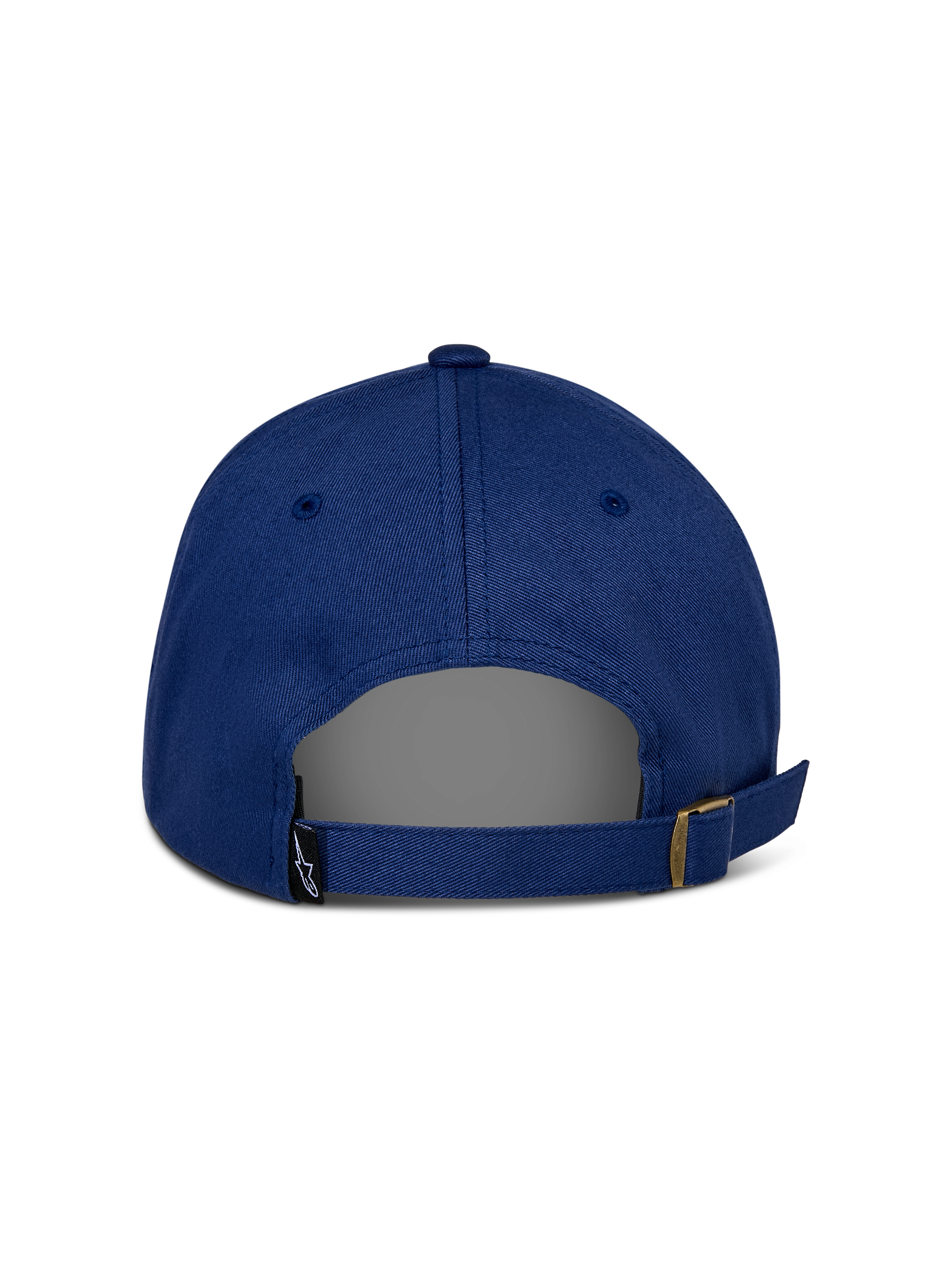 Alpinestars Deduce Strapback Hat, Blue, rear view showing adjustable strapback closure with metal buckle, small black Astars logo tag, casual cotton twill construction