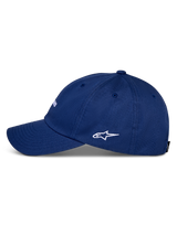 Alpinestars Deduce Strapback Hat, Blue, side profile view featuring curved bill and white embroidered Astars logo, cotton twill construction, casual sportswear