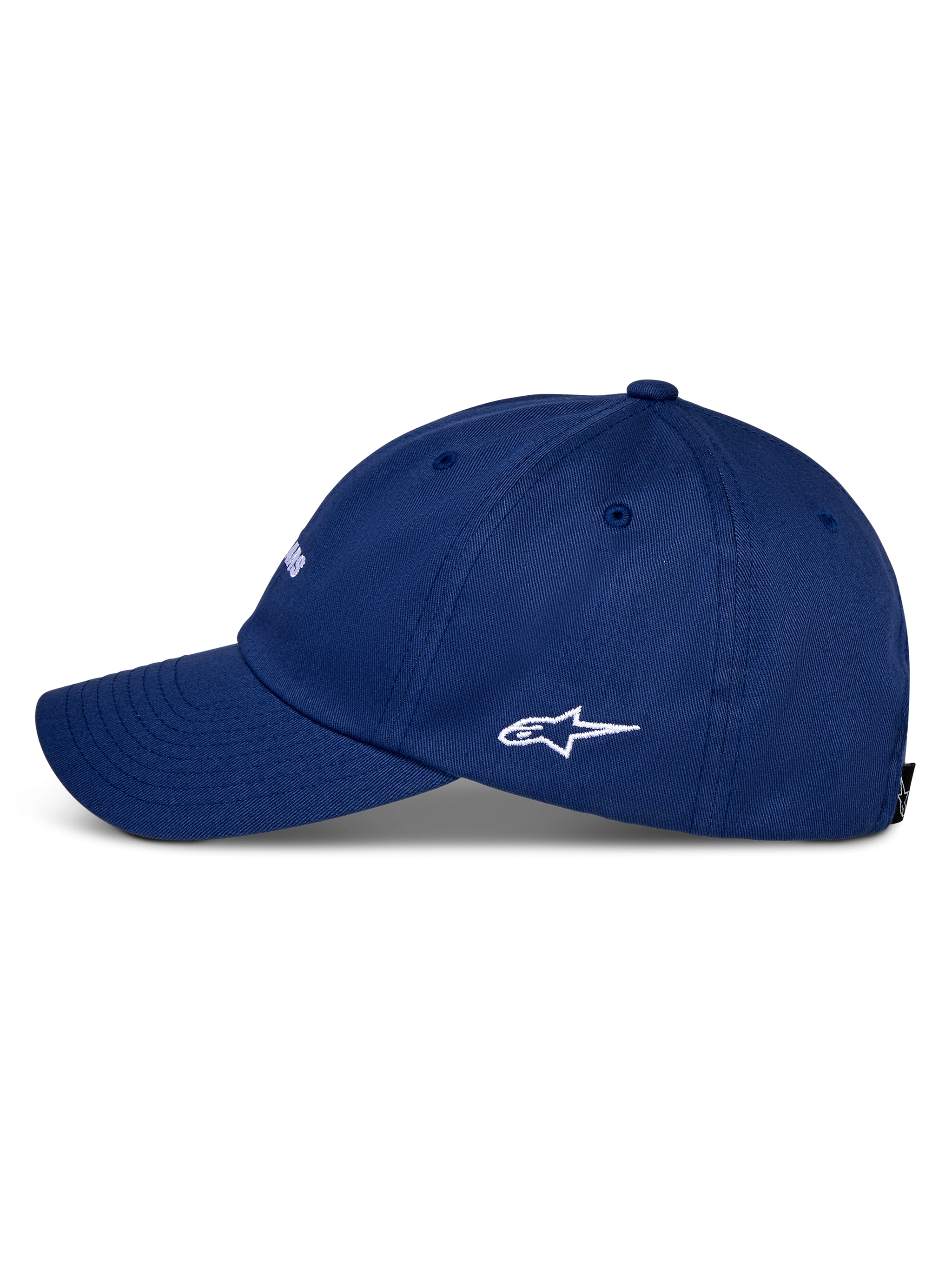 Alpinestars Deduce Strapback Hat, Blue, side profile view featuring curved bill and white embroidered Astars logo, cotton twill construction, casual sportswear