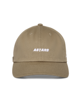 Alpinestars Deduce Strapback Hat, Khaki, unstructured low crown with curved bill, white embroidered Astars wordmark on front, cotton twill fabric, casual motorsport-inspired headwear