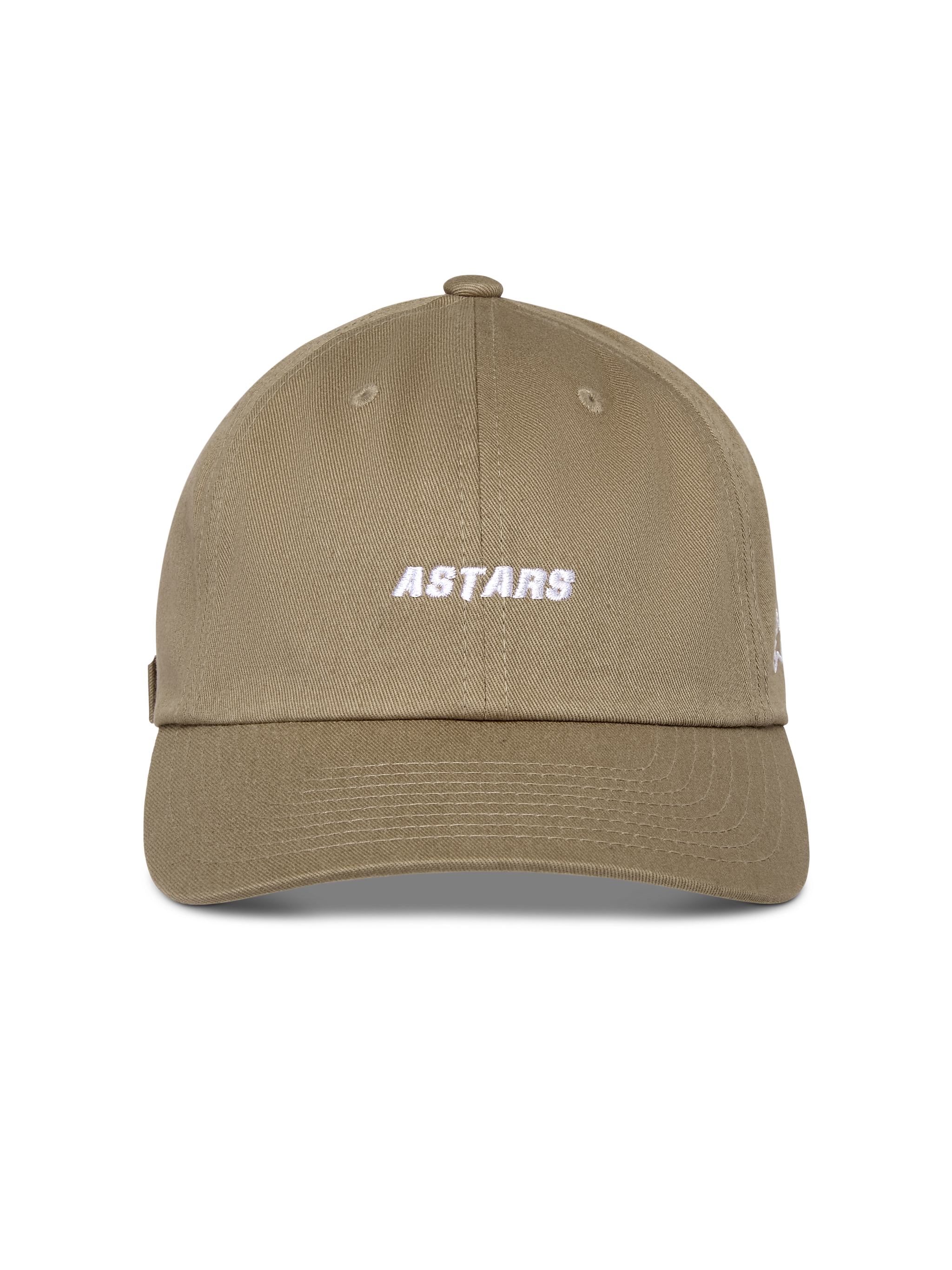 Alpinestars Deduce Strapback Hat, Khaki, unstructured low crown with curved bill, white embroidered Astars wordmark on front, cotton twill fabric, casual motorsport-inspired headwear