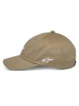 Alpinestars Deduce Strapback Hat, Khaki, side profile view featuring white embroidered Astars logo, curved bill, cotton twill construction, casual motorsport streetwear