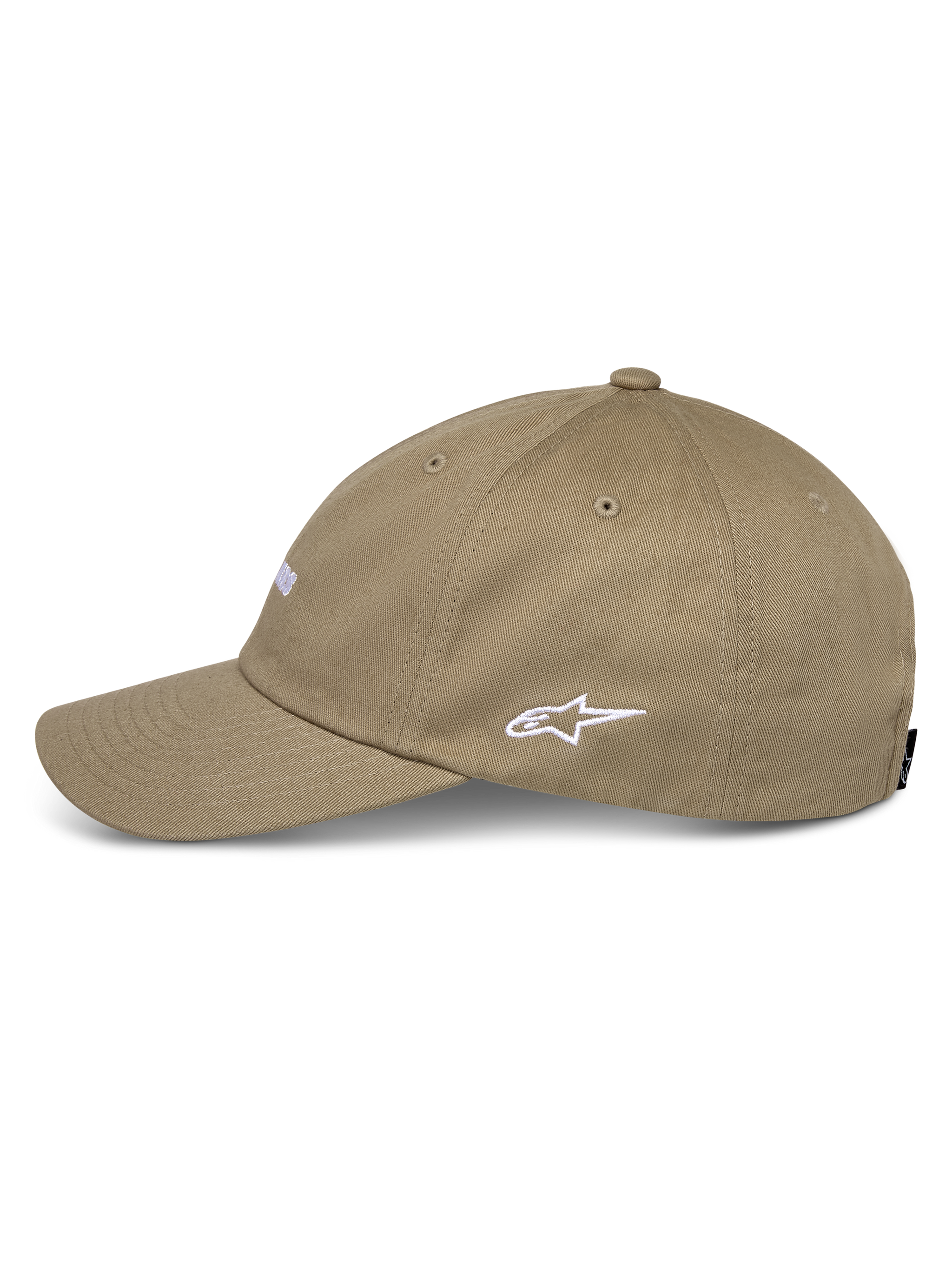 Alpinestars Deduce Strapback Hat, Khaki, side profile view featuring white embroidered Astars logo, curved bill, cotton twill construction, casual motorsport streetwear
