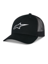 Alpinestars Reflect Ageless Trucker Hat, Black, featuring a reflective silver Astars logo on the front, curved brim and mesh back panels, structured crown, casual motorsport headwear