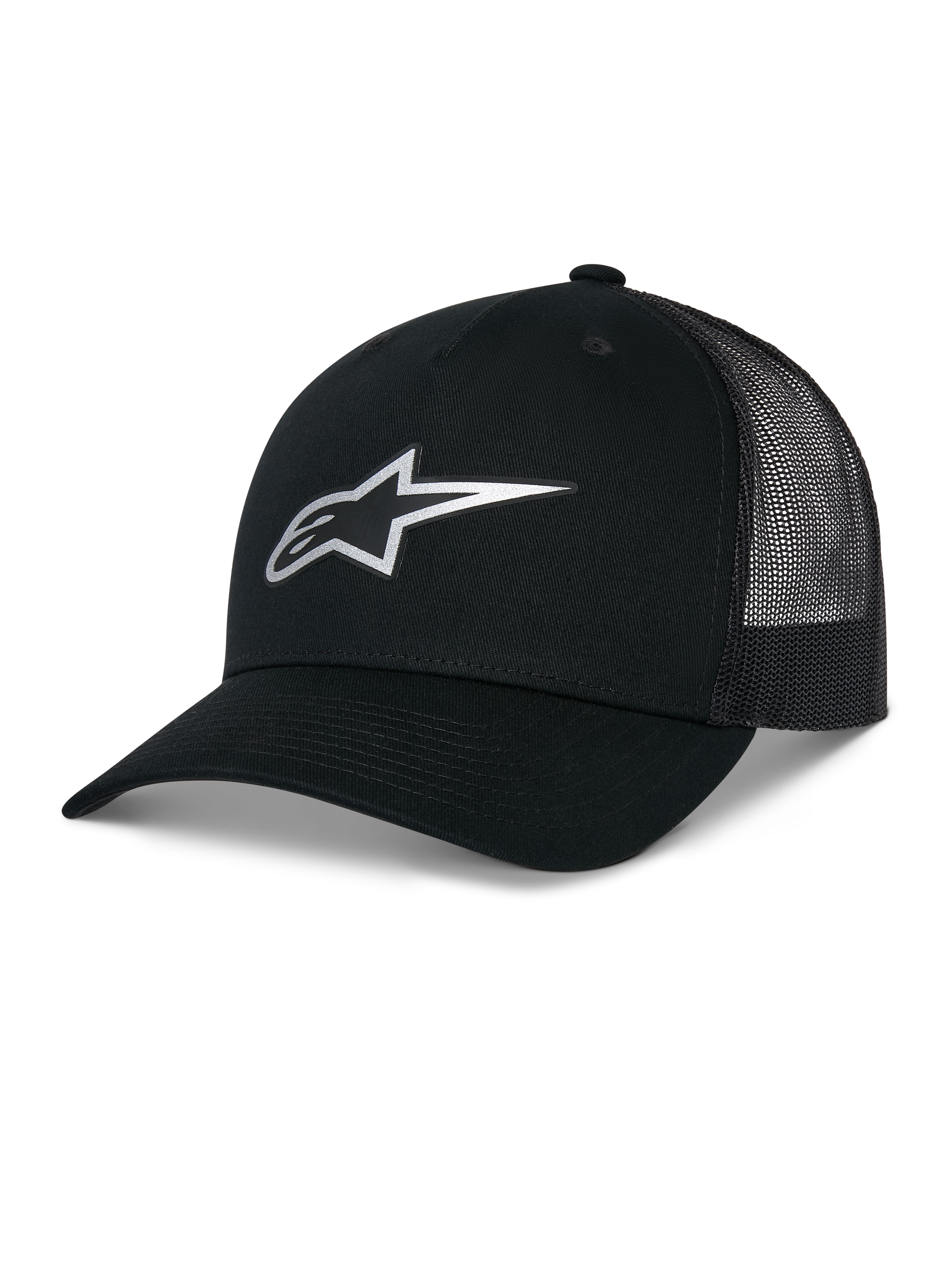 Alpinestars Reflect Ageless Trucker Hat, Black, featuring a reflective silver Astars logo on the front, curved brim and mesh back panels, structured crown, casual motorsport headwear