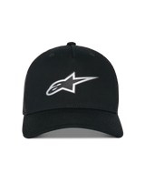 Alpinestars Reflect Ageless Trucker Hat, Trucker Hat, Black, featuring a reflective silver Astars logo on the front, structured crown with a curved bill, and a breathable mesh back, casual motorsport-inspired headwear