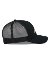 Alpinestars Reflect Ageless Trucker Hat, side profile view, Black, featuring a structured crown, curved bill, and breathable mesh back panels, reflective front logo, casual motorsport-inspired headwear