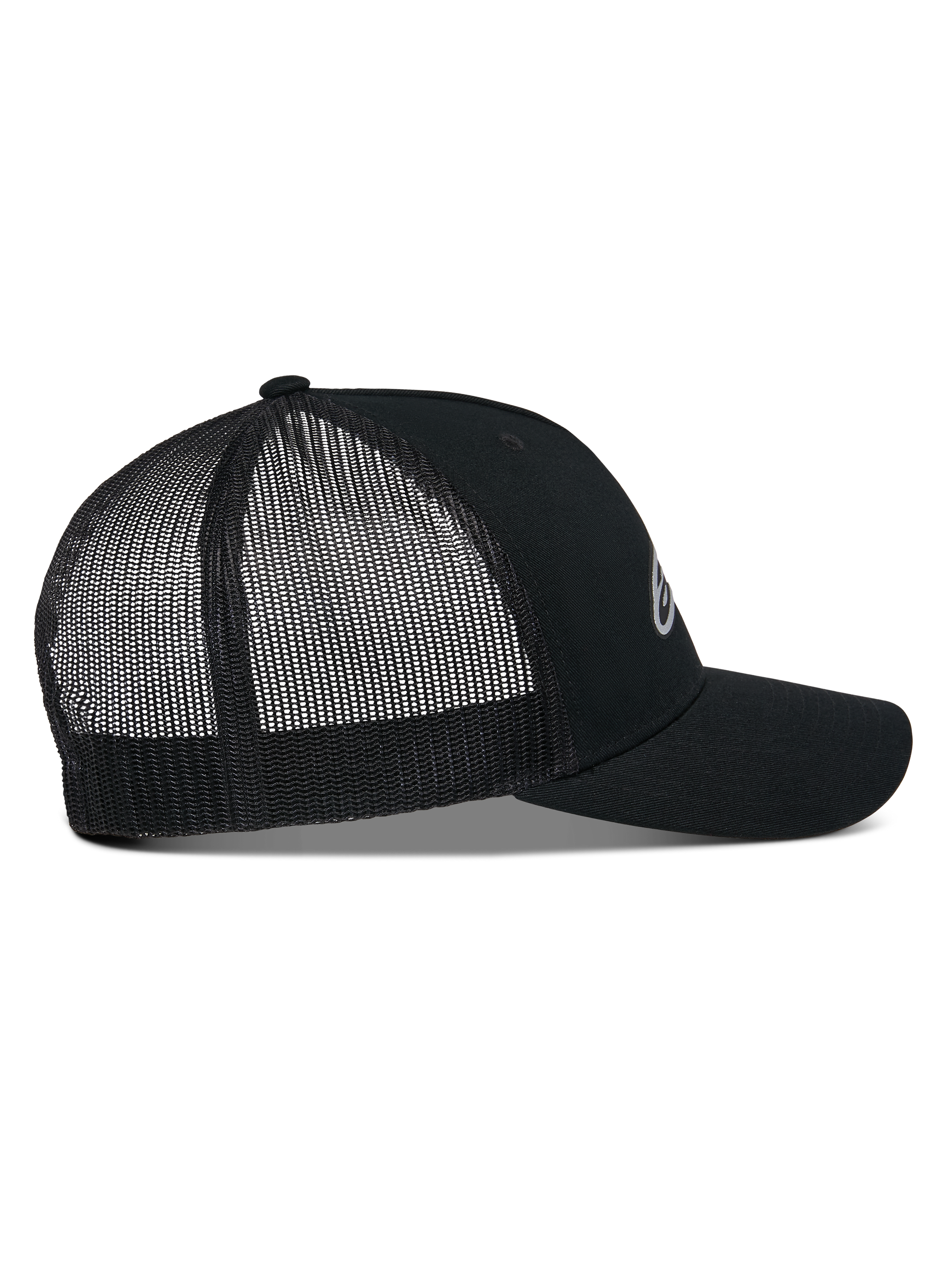 Alpinestars Reflect Ageless Trucker Hat, side profile view, Black, featuring a structured crown, curved bill, and breathable mesh back panels, reflective front logo, casual motorsport-inspired headwear