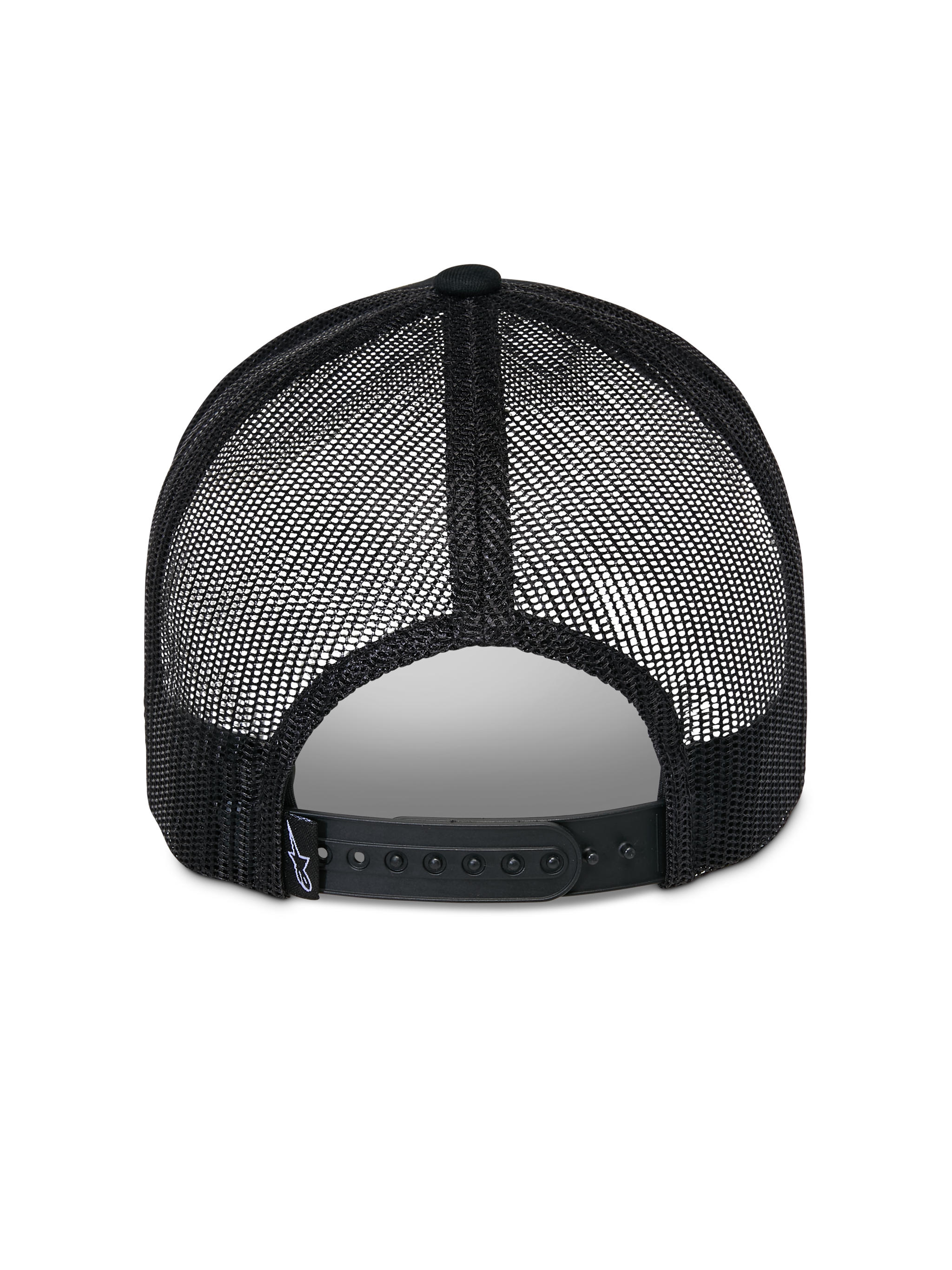 Alpinestars Reflect Ageless Trucker Hat, Black, back view showing breathable poly mesh panels and adjustable snapback closure, features a small woven brand tag, casual motorsport-inspired headwear.