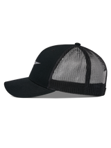 Alpinestars Reflect Ageless Trucker Hat, side profile, Black, curved bill with structured crown, breathable mesh back panels, reflective logo detail, casual motorsport headwear