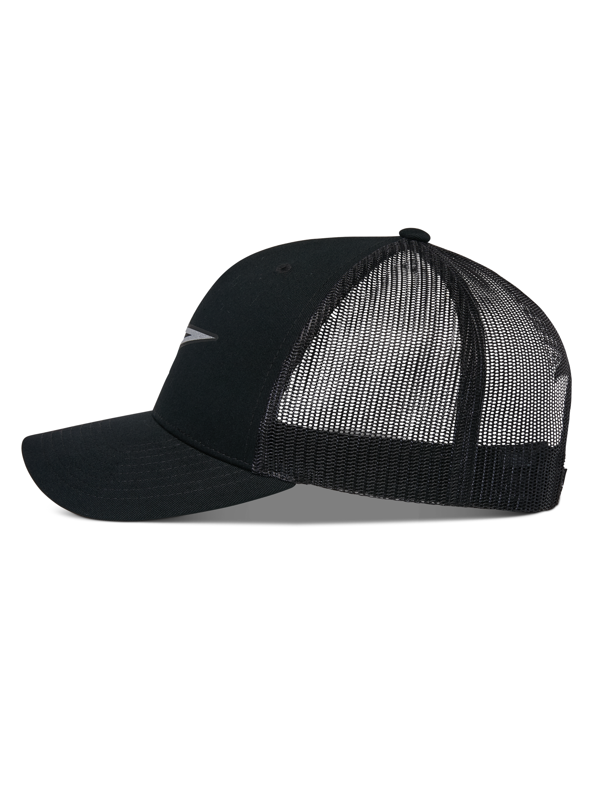 Alpinestars Reflect Ageless Trucker Hat, side profile, Black, curved bill with structured crown, breathable mesh back panels, reflective logo detail, casual motorsport headwear
